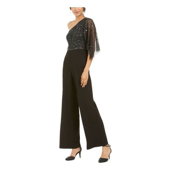 NWT ADRIANNA PAPELL Womens Black Overlay One Shoulder Evening